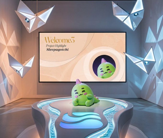 A green, dinosaur-like mascot character labeled "Sleepagotchi" sits on a futuristic display platform in a modern, geometric room with hanging origami-style lights; a screen behind it reads "Welcome3 Project Highlight Sleepagotchi."
