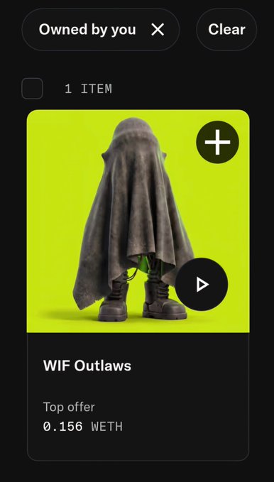 An NFT marketplace screen shows an item titled "WIF Outlaws" featuring a figure draped in a cloak with black boots against a yellow background, marked as "Owned by you" with a top offer of "0.156 WETH."