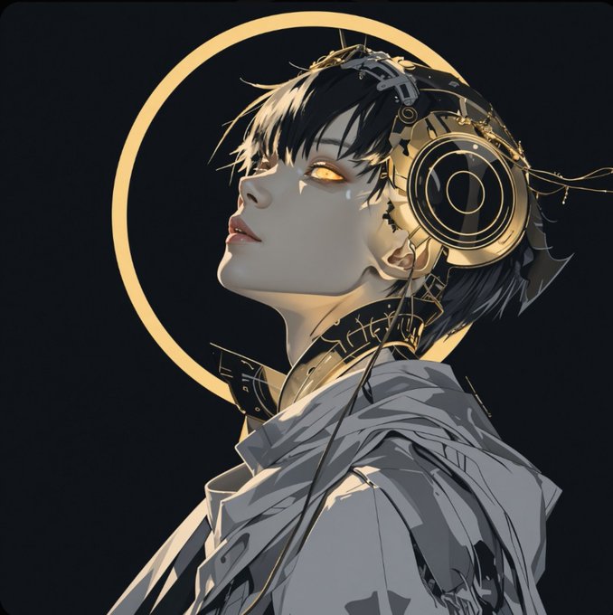 A digital anime-style portrait of a character with short dark hair and glowing yellow eyes wearing large golden and black headphones, set against a black background with a golden halo circle.