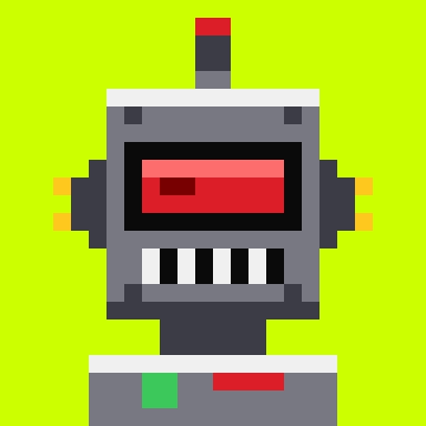 A pixel art robot with a red visor, antenna, and control buttons below stands against a bright yellow background, representing the 1/1 Claude Punks robot being given away on Robinhood Chain. The image showcases the unique robotic character offered as a prize for liking, reposting, following, and commenting a wallet address.