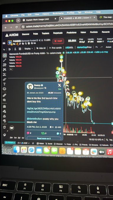 A MacBook screen displays the Axiom trading platform showing a "VALID" status for the token F**KED at $5.69K and a 90.48% token popularity, with a tweet from @swazyy overlaying the chart that says "this is f*ckin like 3rd launch btw dont buy this" alongside a contract address and a reference to @danielbullarc, mocking the user's complaint about losing money on the "SHIT COIN."