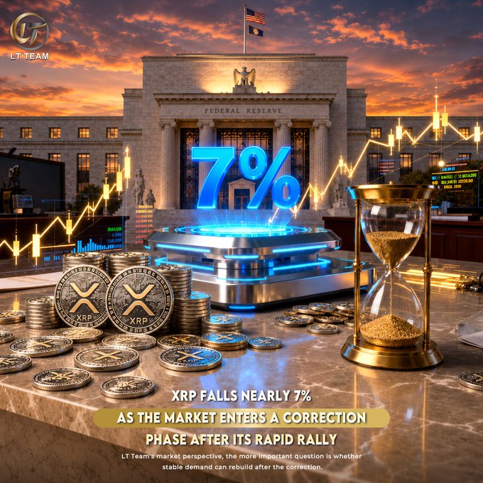 The image depicts a dramatic financial scene featuring the Federal Reserve building in the background, a glowing "7%" displayed on a futuristic pedestal, scattered XRP coins, and an hourglass symbolizing the passing correction phase, with the caption "XRP Falls Nearly 7% as the Market Enters a Correction Phase After Its Rapid Rally." This visual aligns with the post's message of XRP's ~6.6% drop, highlighting the interplay between market correction, liquidity, and the question of whether stable demand can rebuild after the sell-off.