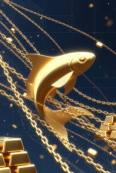 A 3D illustration of a golden fish swimming upward through intertwined golden chains with gold bars at the bottom, set against a dark blue background.