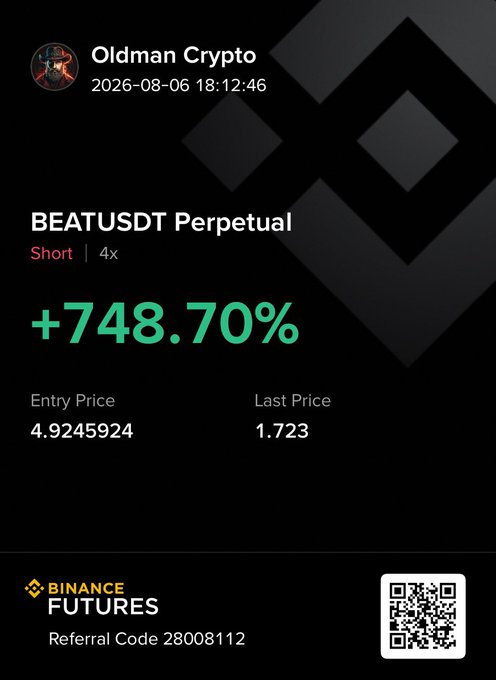 A Binance Futures trading screenshot from "Oldman Crypto" (dated 2026-08-06) showing a successful 4x short position on BEATUSDT Perpetual with a +748.70% gain, with the entry price of 4.9245924 dropping to a last price of 1.723—visually celebrating the #Beat token's price decline as referenced in the post asking "are you happy with #Beat?"