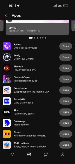 A screenshot of Coinbase Wallet's "Apps" feature page on Base, displaying various crypto apps such as Fusion, Beefy, PlanetIX, Clash of Coins, Aerodrome, Based GM, Rips, Dustswap, and 2048 on Base, with "Flooor — NFT marketplace for holders" listed near the bottom, visually reinforcing the post's claim that Flooor is on the path to becoming the top app.