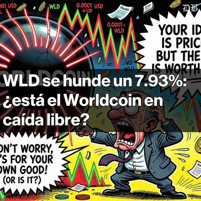 A cartoon illustration of a panicked man in a suit watching a cryptocurrency crash, with text reading 'WLD se hunde un 7.93%: ¿está el Worldcoin en caída libre?' overlaid on top of a stock chart showing the price of WLD dropping.