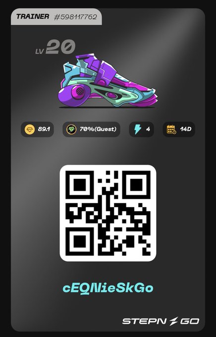 A STEPN GO digital sneaker card showing a Level 20 sneaker with stats 89.1, 70% (Quest), 4, and 14D, belonging to Trainer #598117762, featuring a QR code and the username cEQNieSkGo.