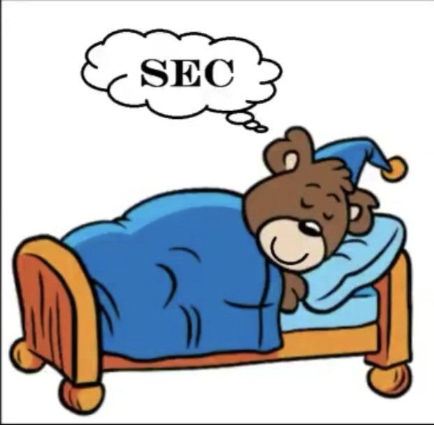 A cartoon bear wearing a nightcap sleeps peacefully in bed while dreaming about "SEC," visually playing on the #XRP hashtag to suggest the SEC is no longer a concern for XRP investors.