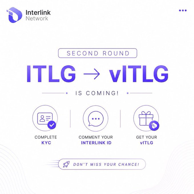 The image is a promotional graphic from Interlink Network announcing the second round of ITLG → vITLG token conversion, featuring three steps: complete KYC, comment your Interlink ID, and receive vITLG. It complements the post by visually reinforcing the message that users with pending KYC since April should leave their InterLink ID in the comments to ensure they receive their vITLG.