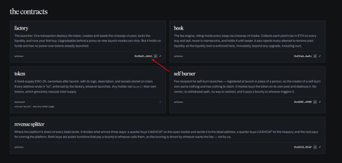 The image shows a "the contracts" section of a website displaying five smart contracts: factory (0x06a8...6663), hook (0x694a...0a0e), token, self burner (0x0d80...d88f), and revenue splitter (0x403a...65af), each with addresses and brief descriptions of their functions. This relates to the post about a token called $thumbdog deployed on a launchpad (likely referencing $CASHCAT), showcasing the contract infrastructure supporting the platform.