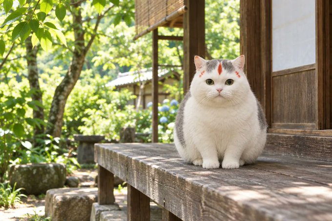 A white cat with gray patches and red markings on its forehead sits on a weathered wooden bench in a sunlit garden with lush greenery.
