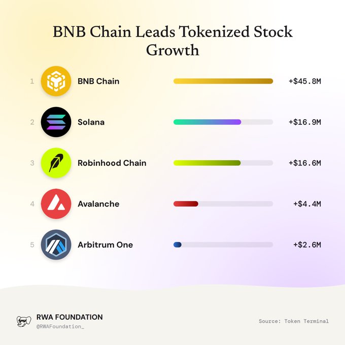 A bar chart titled 'BNB Chain Leads Tokenized Stock Growth' from RWA Foundation, showing BNB Chain at +$45.8M, Solana at +$16.9M, Robinhood Chain at +$16.6M, Avalanche at +$4.4M, and Arbitrum One at +$2.6M.