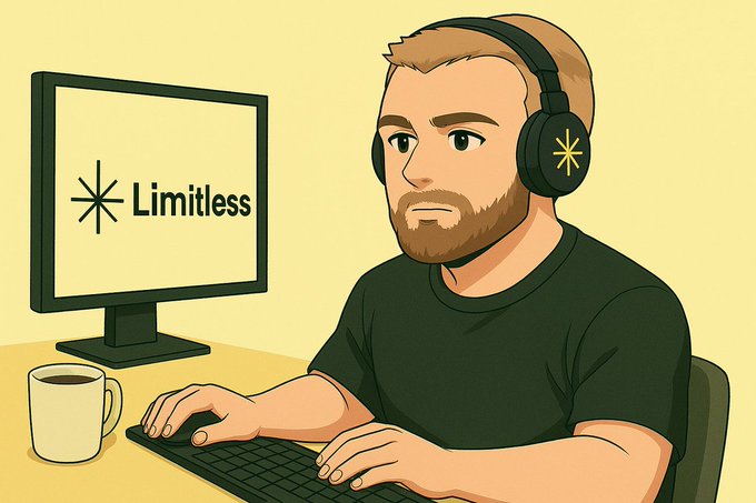 An illustrated cartoon-style image showing a man with a beard wearing headphones with a star logo, sitting at a keyboard with a coffee mug, facing a monitor displaying the word 'Limitless'.