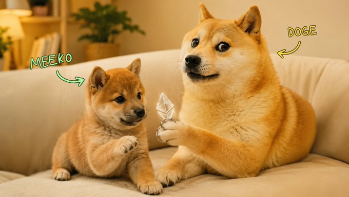 Two Shiba Inu dogs on a couch, labeled 'MEEKO' (left) and 'DOGE' (right), with Doge holding what appears to be a diamond-shaped gem.