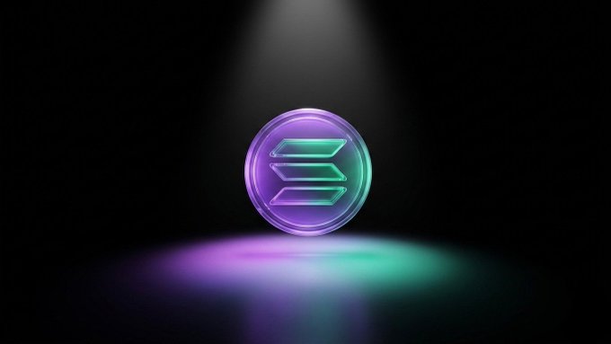A 3D rendered cryptocurrency coin with a stylized 'S' or '5' logo glowing with purple and green neon lighting under a spotlight on a black background.