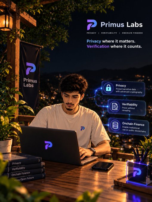 Promotional image for Primus Labs featuring the tagline 'Privacy where it matters. Verification where it counts.' with features like Privacy, Verifiability, and Onchain Finance displayed alongside a person working on a laptop at night.