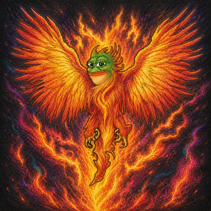 A majestic phoenix with the face of Pepe the Frog rises from vibrant flames, wings outstretched in a triumphant pose. The fiery imagery visually reinforces the "$PEPECOIN rising" sentiment, symbolizing the meme coin's soaring ascent.