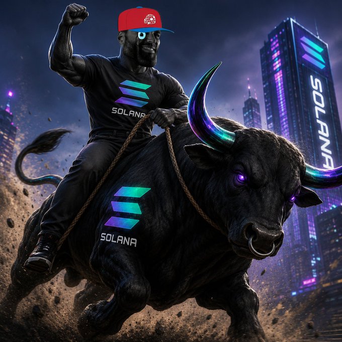 A muscular figure in Solana-branded gear triumphantly rides a charging black bull with glowing purple eyes and rainbow-tipped horns through a neon-lit cityscape, with "SOLANA" emblazoned on skyscrapers in the background—visually embodying the bullish market momentum referenced in the post "$CURB / #SOLANA."