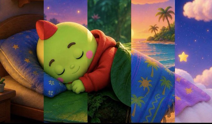 A stylized illustration of a cute green character with a red bow sleeping peacefully on a pillow, set against a colorful dreamlike background featuring a beach, stars, and palm trees.