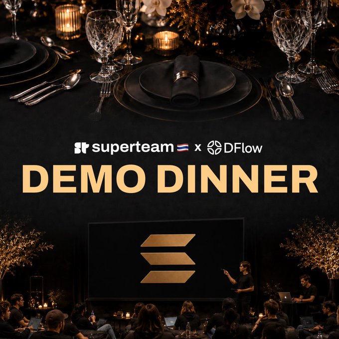 A poster for the "superteam x DFlow DEMO DINNER" featuring an elegant table setting on top and a presentation scene with the Solana logo below.