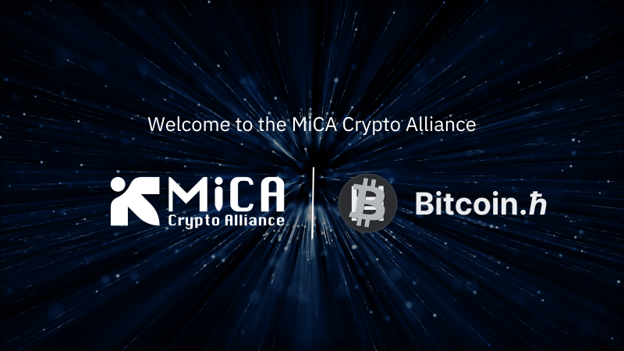 Welcome screen for the MICA Crypto Alliance featuring logos for MICA Crypto Alliance and Bitcoin.h against a dark blue starburst background.