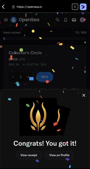 A screenshot of an OpenSea NFT minting page on mobile showing 'Collector's Circle' for 0.0028 ETH ($68.84), with a 'Congrats! You got it!' success message and a gold flame emblem.
