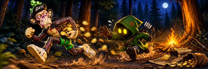 A digital illustration shows two zombie-like cartoon characters wearing beanies labeled 'BAYC' and 'MAYC' running through a forest while collecting scattered gold coins near a campfire.