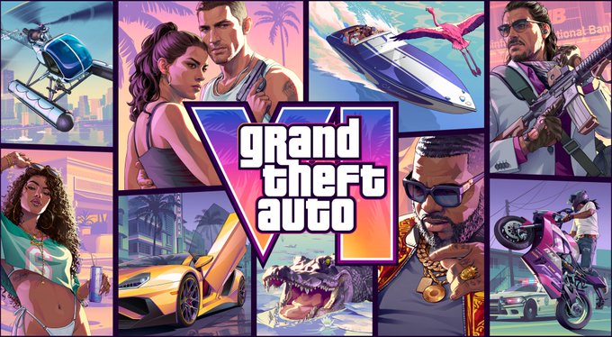 The vibrant cover art for Grand Theft Auto VI features the iconic logo surrounded by characters, a yellow sports car, a jet ski, an alligator, and a motorcycle set against a neon-lit Florida-inspired backdrop.