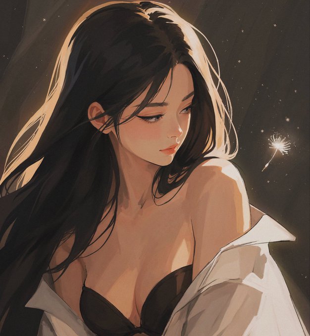 The image is a digital illustration of a young woman with long dark hair, softly lit with warm tones against a starry night background featuring a dandelion seed. 

The accompanying post appears to be a listing for an NFT artwork titled "The Last Wish" on the Tezos (XTZ) blockchain via the Objkt marketplace, where this dreamy, wish-like portrait would be the visual representation of the piece being offered for sale.