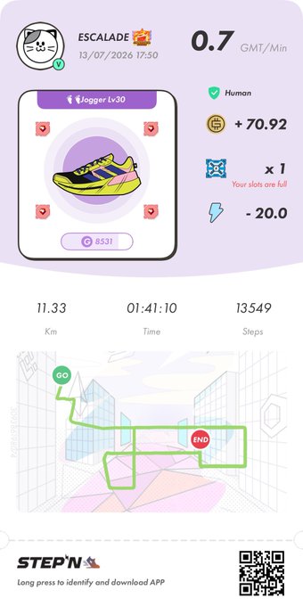 A STEPN app activity summary showing a 'Jogger Lv30' sneaker with stats: 11.33 Km, 01:41:10 Time, and 13549 Steps, earning 0.7 GMT/Min, 70.92 coins, and a 20.0 energy cost on a date of 13/07/2026.