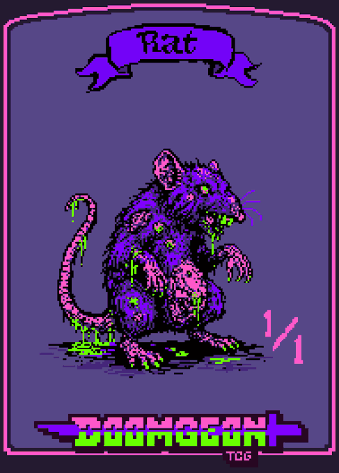 A pixel art tarot-style card labeled "Rat" and "DOOMGOON+ TCG" depicts a purple rat with dripping green liquid, numbered 1/1.