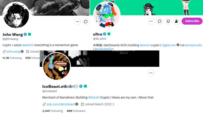 A collage of three social media profile cards: 'John Wang' (@johnwang) with bio 'crypto + perps @kalshi | everything is a momentum game'; 'ultra' (@0x_ultra) with bio '米英语 | dashboards GCR | building @kalshi crypto | ciggles.me'; and 'IcoBeast.eth' (@icobeast) with bio 'Merchant of Narratives | Building @Kalshi Crypto | Views are my own | Moon that'.