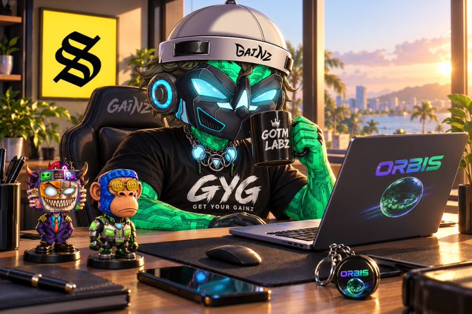 AI-generated artwork featuring a green-skinned character wearing a "GYG - GET YOUR GAINZ" shirt and headphones, sitting at a desk with an "ORBIS" laptop and collectible figurines.