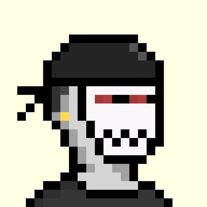 A pixel art skull character with red glowing eyes and a yellow accent on a pale yellow background.