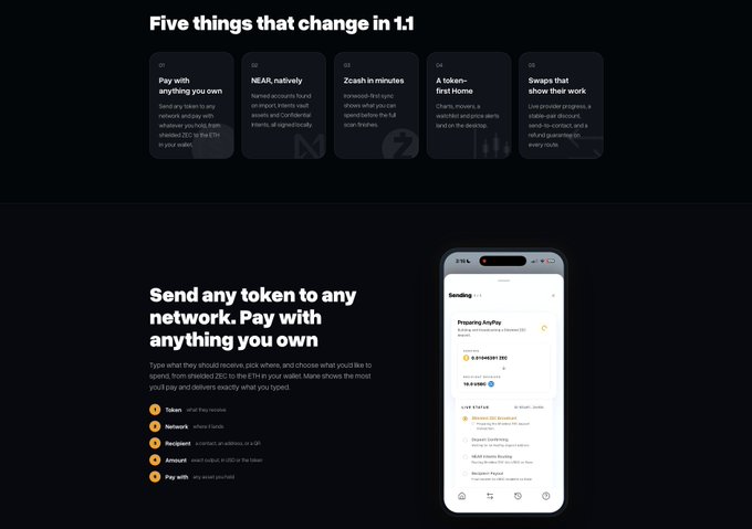 An infographic titled 'Five things that change in 1.1' lists features like 'Pay with anything you own' and 'NEAR, natively,' alongside an image of a mobile app screen showing 'Preparing KeyPay.'