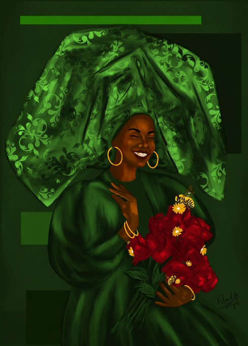 A digital painting of a smiling Black woman wearing a green headwrap and dress, holding a bouquet of red roses, with a bee perched on the flowers.