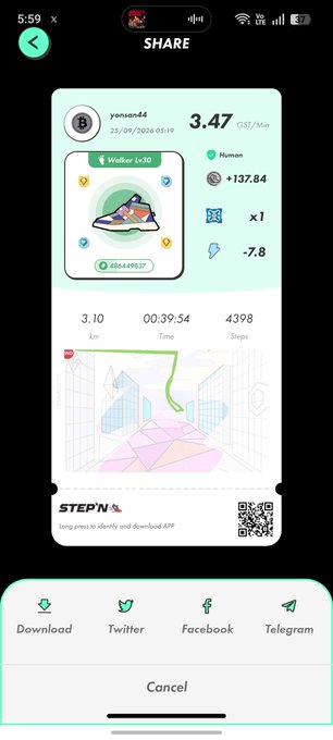 A STEPN app sharing screen displays a user's walk stats: a score of 3.47 GST/Min, distance of 3.10 km in 00:39:54, with 4398 steps and earnings of +137.84 and -7.8.