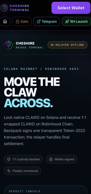 A mobile interface for 'Cheshire Terminal' with a 'Move the CLAW Across' headline, explaining how to lock native CLAWD on Solana to receive wrapped CLAWD on Robinhood Chain 4663, with buttons for Gate, Telegram, and RH Launch tabs.