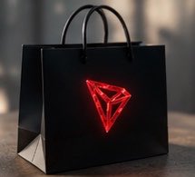 A sleek black shopping bag features a glowing red triangular logo, evoking the visual identity of the Tron blockchain network. The accompanying text emphasizes that Tron AI's success will ultimately depend on builder adoption—reminding viewers that flashy branding and infrastructure alone mean little without real developers creating applications on the platform.