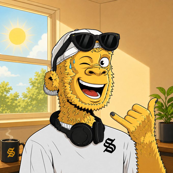 A cartoon golden-furred ape character wearing sunglasses, a backwards cap, and headphones around its neck winks and points, with a logo resembling 'S$' on its shirt.