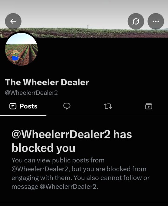 Twitter/X profile page for "The Wheeler Dealer" (@WheelerDealer2) showing a notification that the account has blocked the viewer.