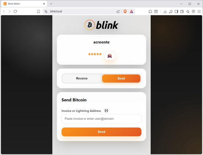 Blink Wallet interface displayed in a browser at blinklocal, showing the username 'acreonte' with options to Receive or Send Bitcoin via Lightning Address.