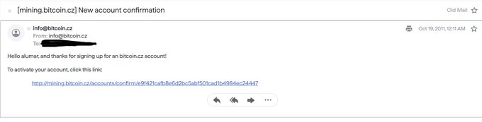 An email from info@bitcoin.cz dated October 19, 2011 titled '[mining.bitcoin.cz] New account confirmation' that thanks the user for signing up and provides a confirmation link.