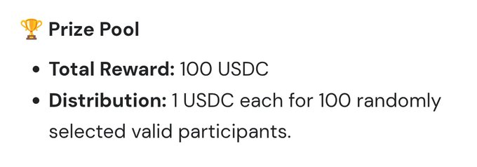 This image features a white sign or poster with some text, likely from an advertisement promoting a prize pool. The focus of the ad appears to be centered around a competition for 100 USDC. This means that the campaign aims to reward at least one USDC for each randomly selected participant who applies. As seen on the image and in the accompanying post, there have been over 150 people who applied for this prize pool, suggesting its popularity or widespread appeal.