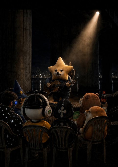 An AI-generated image of a cat-headed figure playing a guitar under a spotlight, surrounded by an audience of animals and a tiny astronaut.