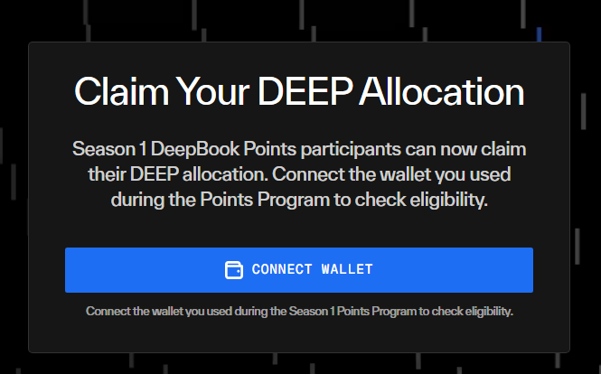 The image shows a web page for DeepBook Points, which has an article about how to claim your DeepBook Allocation. The website directs users to connect their wallet during the season 1 of DeepBook Points program. It is likely that this article provides information on how to register and use the points from the Season 1.