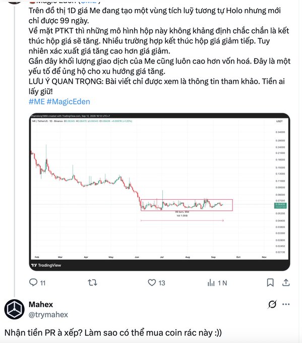 A Vietnamese-language social media post by @trymahx discussing a cryptocurrency chart from TradingView, with hashtags #ME and #MagicEden, commenting sarcastically about receiving PR money.