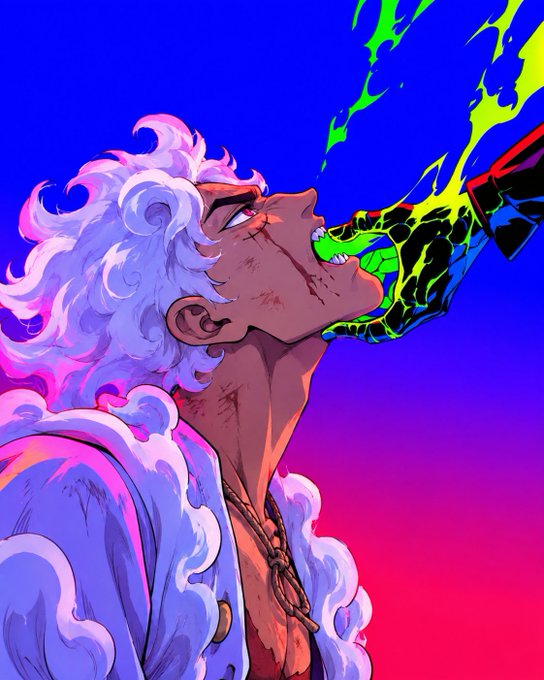 A character with wild white hair and battle scars looks defiantly upward as a vibrant green liquid splashes dramatically into their open mouth against a striking blue and magenta gradient background. The bold, electrifying imagery of absorbing powerful energy complements the post's message of channeling determination and conviction into daily progress.