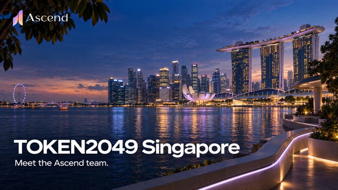 A promotional graphic for TOKEN2049 Singapore features the Singapore skyline at dusk with Marina Bay Sands, an Ascend logo, and text reading 'Meet the Ascend team.'