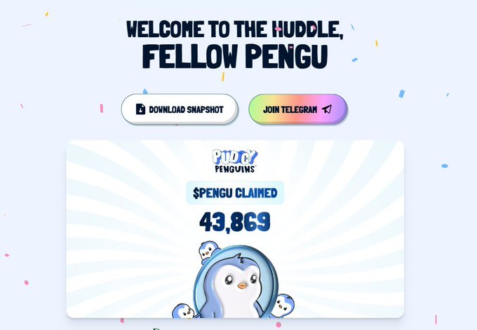 A cheerful "Welcome to the Huddle, Fellow Pengu" Pudgy Penguins landing page displays a $PENGU claimed counter showing 43,869 tokens, alongside buttons to "Download Snapshot" and "Join Telegram." The image directly supports the post's point about Abstract Chain's massive December 2024 $PENGU airdrop, illustrating how widely distributed the token was by showing the claims flowing in.
